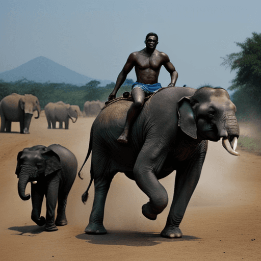 AI generated: Photo of a ultra realistic dark man chasing an elephant in a rural African village