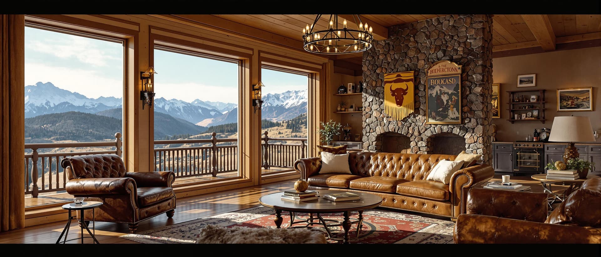 AI generated: High resolution photography interior design, dreamy western living room, wooden floor, large windows...