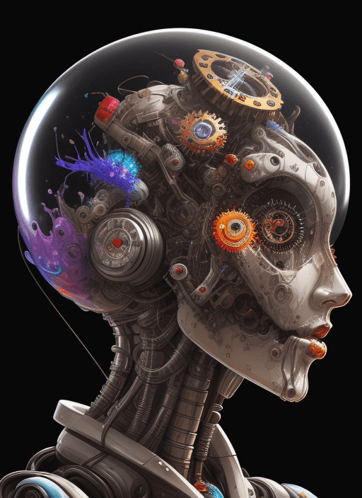 AI generated: highly detailed robot head, clockwork, transparent, filled with colorful liquid, expressive, abstrac...