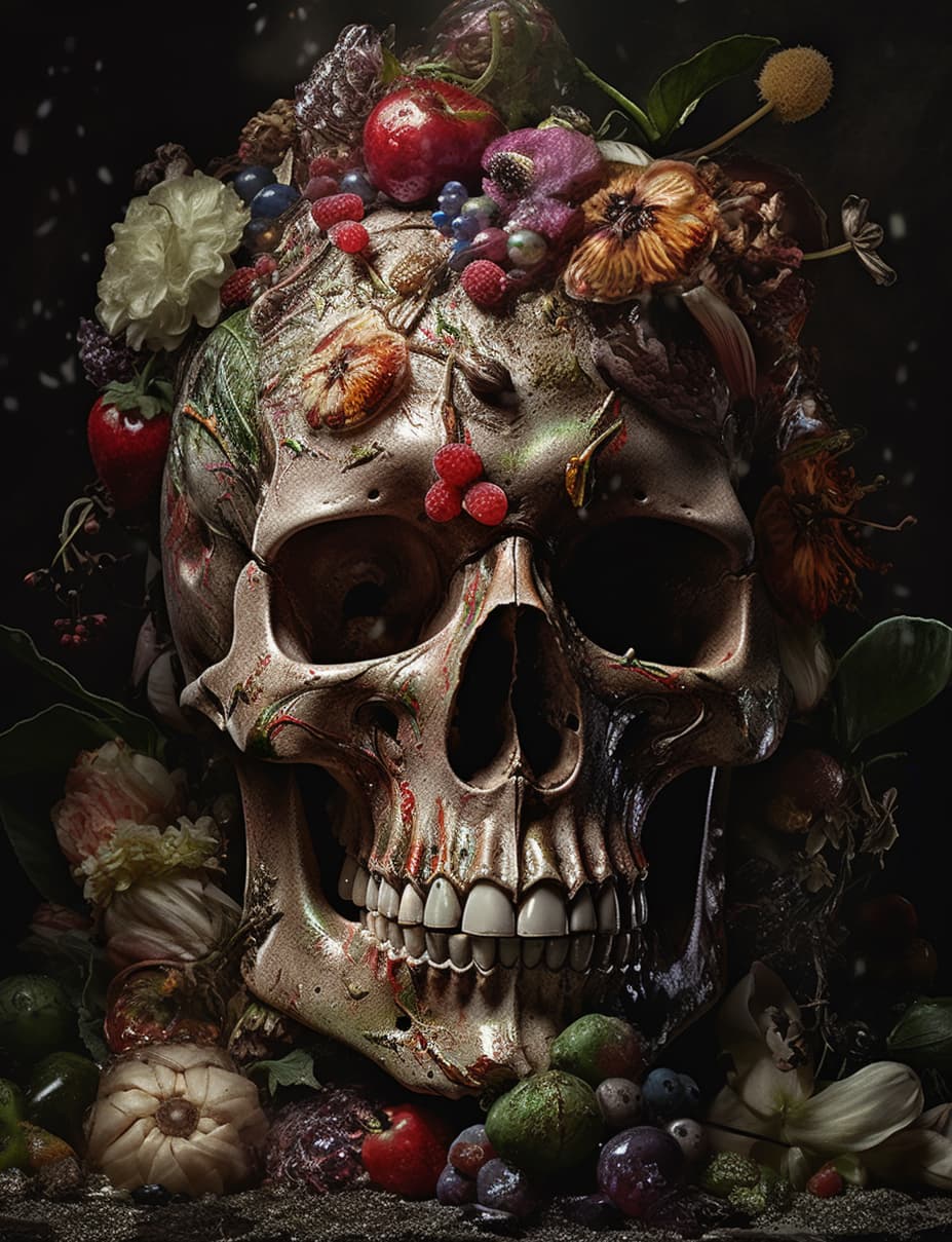 AI generated: hyper - realistic portrait of a punk rock zombie turning into flowers fruit and mushrooms, covered i...
