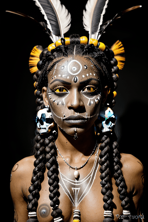 AI generated: one female, two male  voodoo priests, all three visible, dark brown skin, faces painted white and bl...