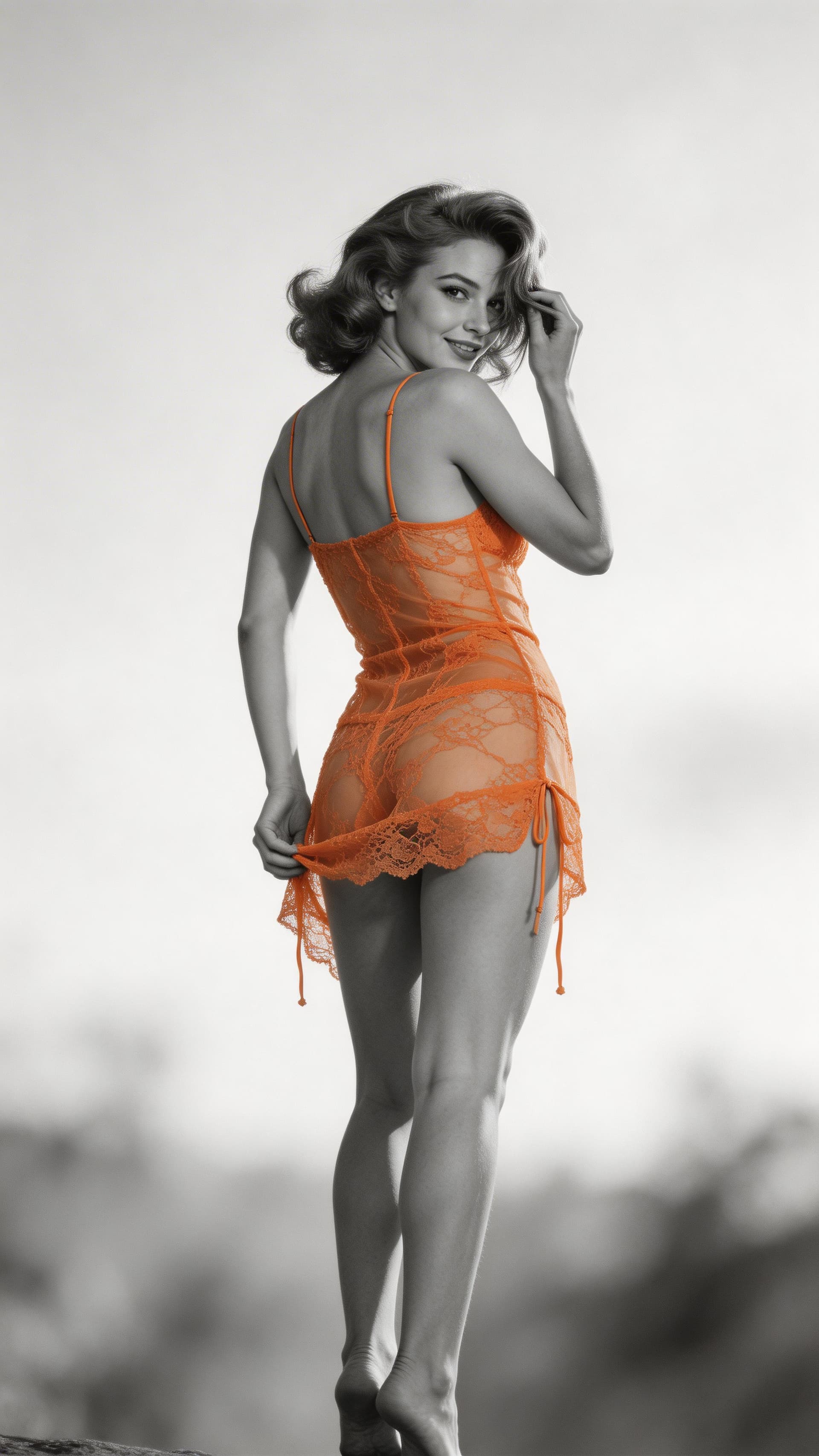 AI generated: A black and white, extremely detailed photograph of a fit and toned, beautiful American female pin-u...