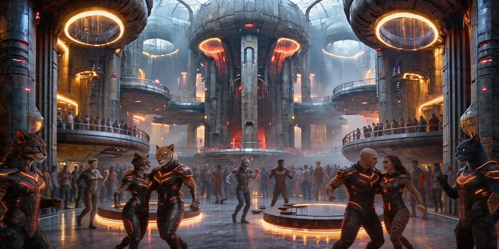 AI generated: ultra-realistic cinematic nightclub environment rendered in Unreal Engine 5, massive futuristic inte...