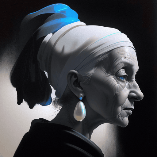 AI generated: black background, hyper-realistic illustration an old woman with a pearl earring , in the style of d...