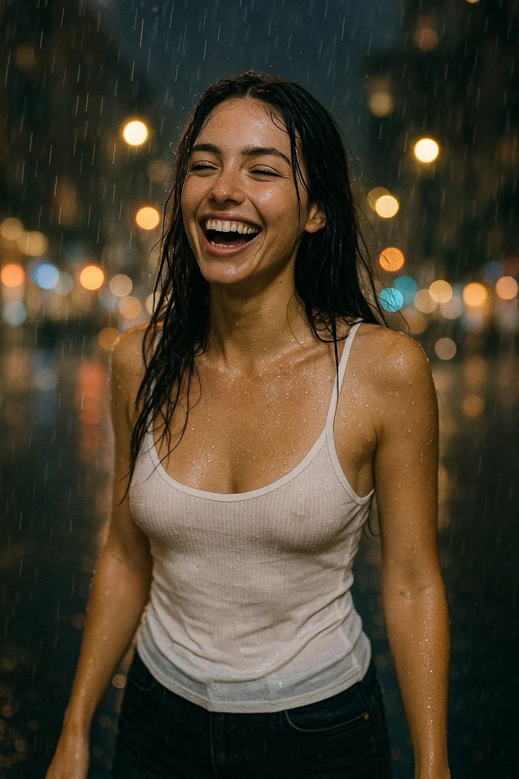 AI generated: iphone photo woman, long brunette hair, walking the city streets at night in the rain, bright white ...