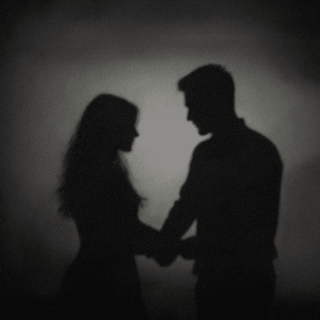 AI generated: Shadows cast on the wall, silhouettes of lovers' hands, hands barely touching each other, slight dig...
