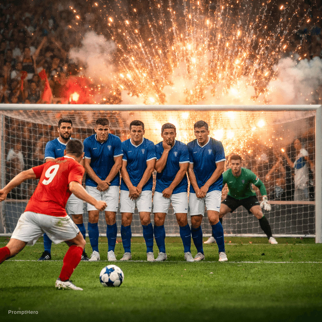 AI generated: A footballer prepares to take a free kick in a deafening atmosphere, 5 meters from the goal. Five me...