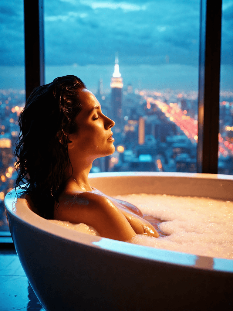 AI generated: A woman relaxing in a luxurious bubble bath in a modern, oval-shaped bathtub, placed near a large fl...