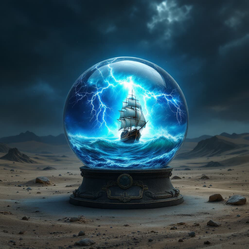 AI generated: snow globe shaped like a cube , on the desert floor, there is a monstrous storm inside with a galleo...