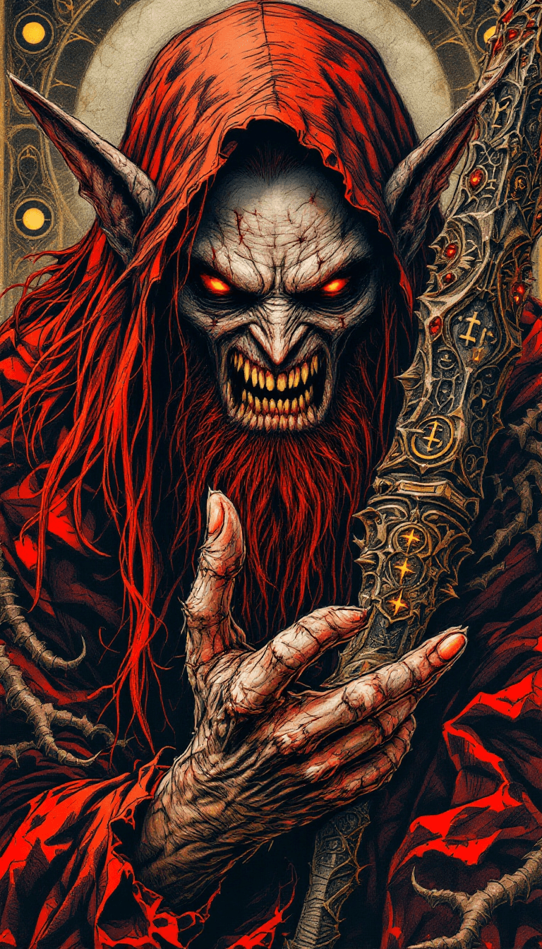 AI generated: A raw, hand-drawn tattoo-style cover artwork featuring an ancient sorcerer with a grotesque face, lo...