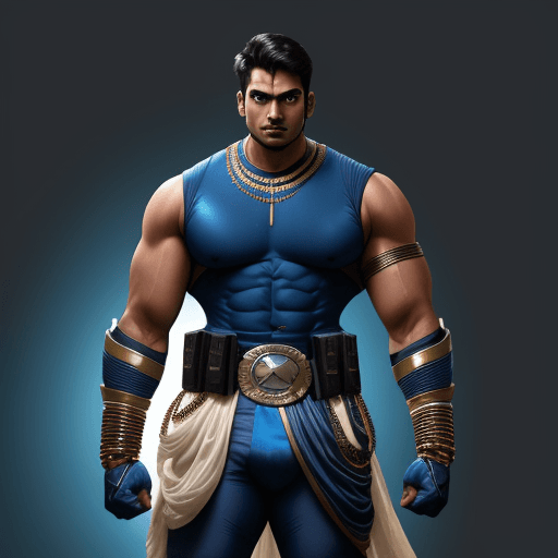 AI generated:  indian male age 26, broad shouldered, very muscular, 2 meters tall , arms covered by meta super her...