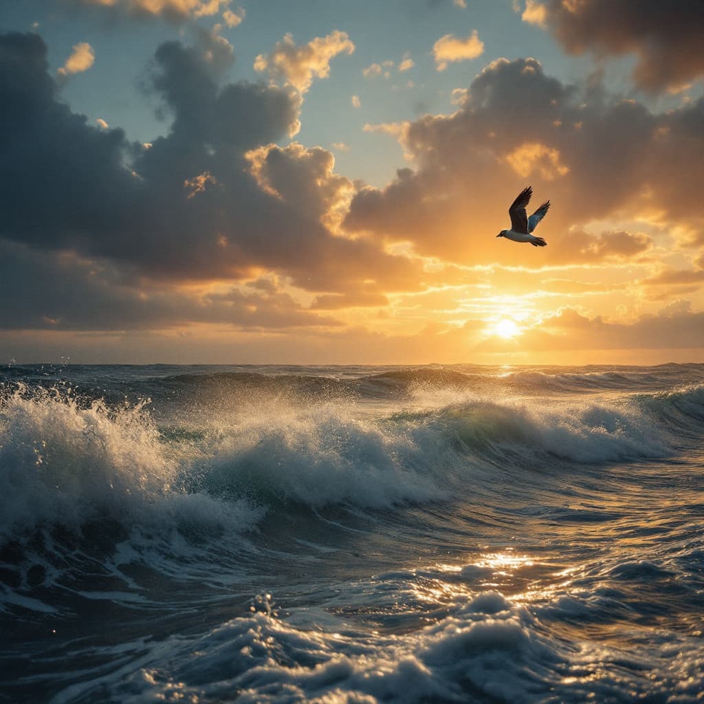 AI generated: quiero una imagen de puesta de sol con mar verdoso, agitado y con olas y en primer plano un albatros...