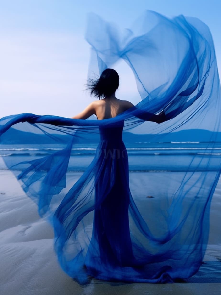 AI generated: a woman in a blue dress on the beach, in style of ren hang, fashion model features, in a style combi...