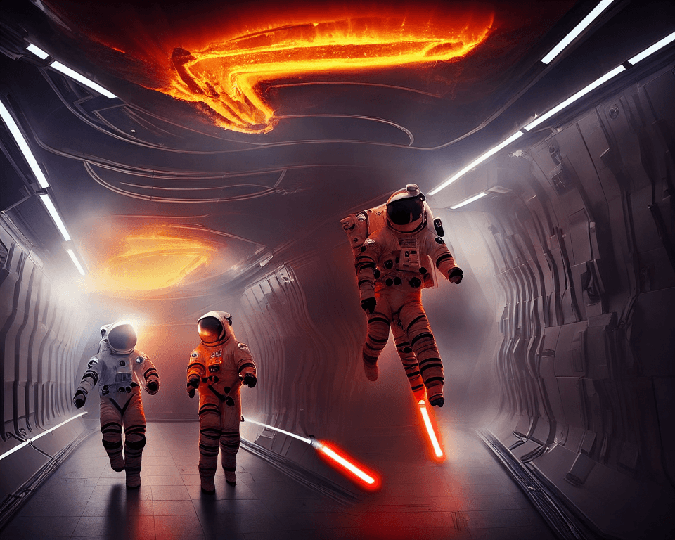 AI generated: two   astronauts are  running wild in a futuristic corridor in a spaceship. the room is full of fire...