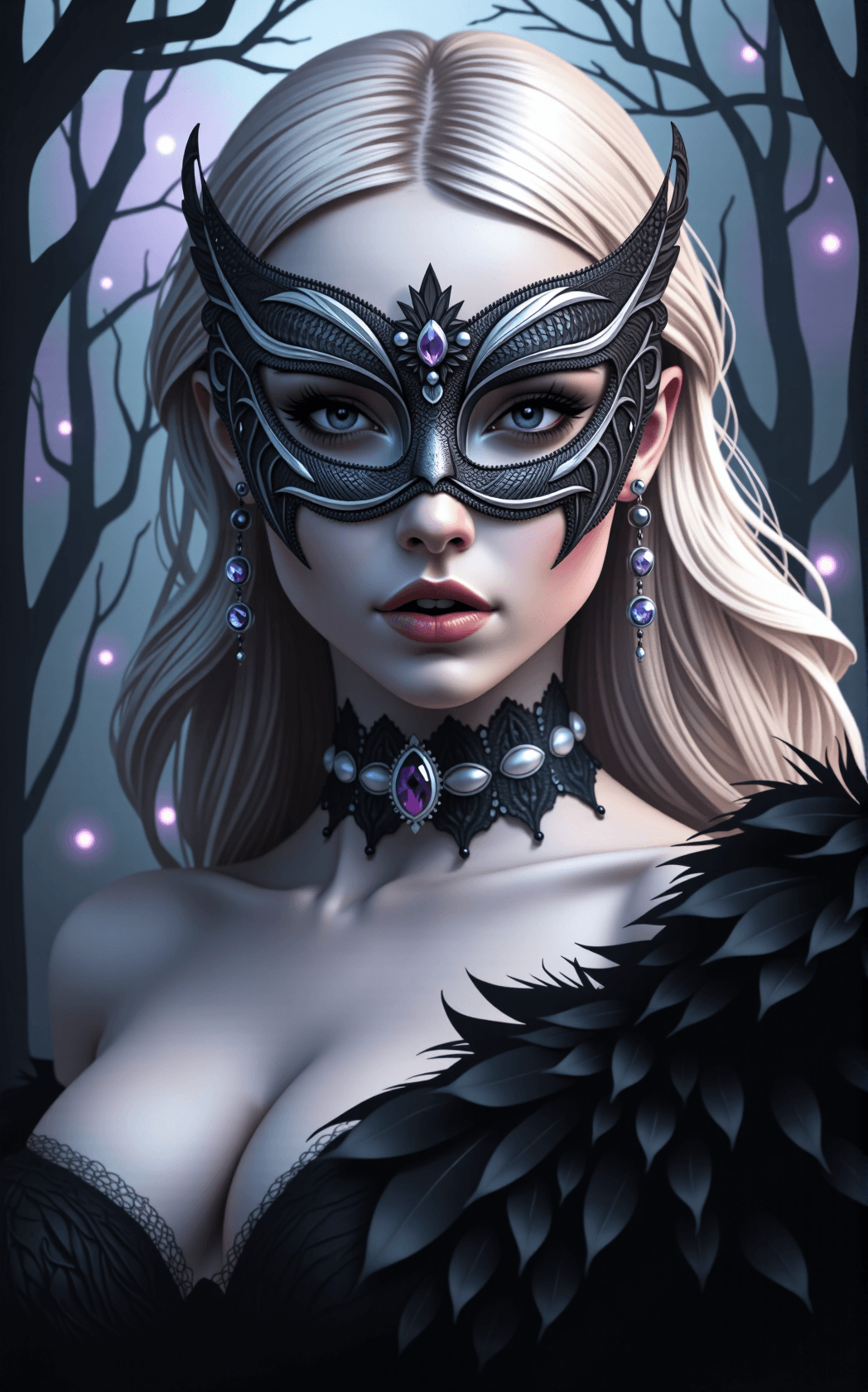 AI generated: A close-up, hyper-detailed portrait of a mysterious woman with piercing silver eyes and long, flowin...