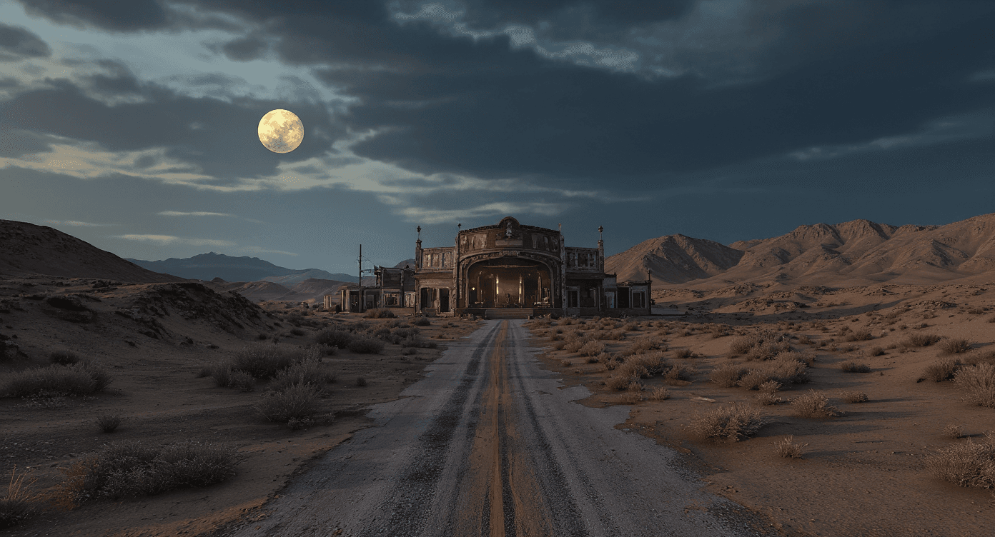 AI generated: at the end of the town edge you see a road leading up to an concert arena in the dessert