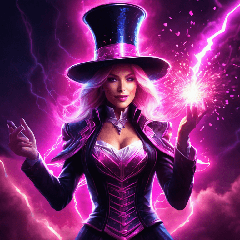 AI generated: A human female in a magical hat, doing a magic trick in glowing pink lightning sparks. Inspiring, hi...