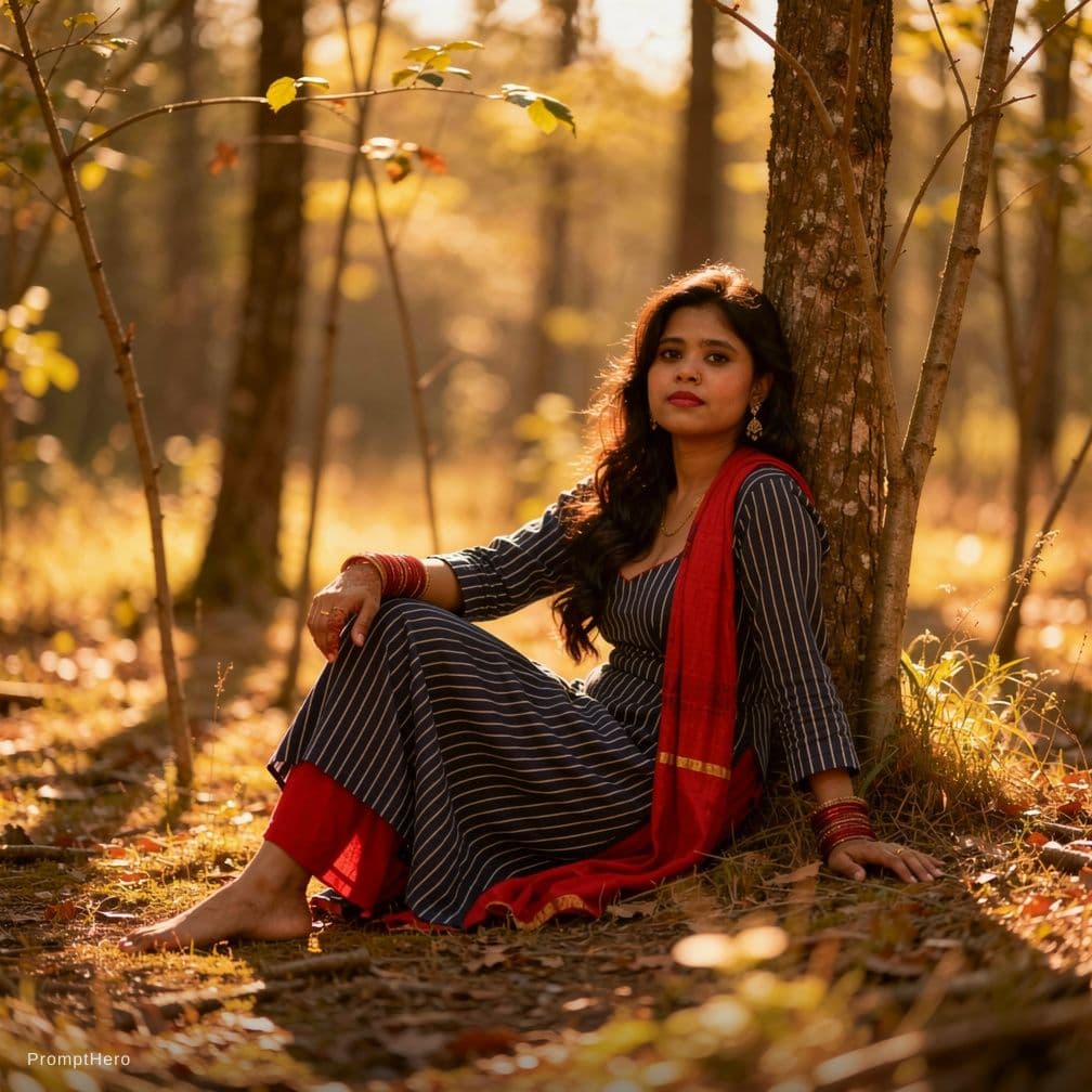 AI generated: A full-body, photorealistic cinematic portrait of a topless woman seated in a sun-drenched forest cl...