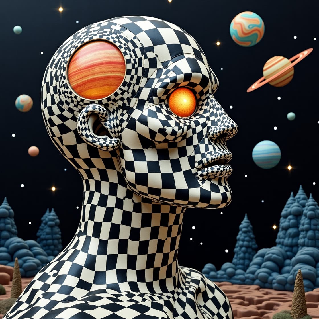 AI generated: Medieval giant space planetarium, 3D op art style, detailed 3D Op Art Trippy Optical Illusion Liquif...