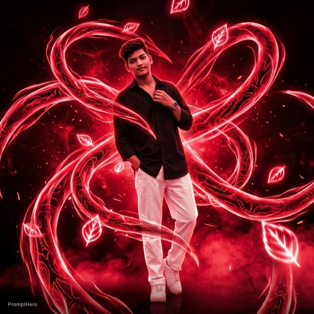 AI generated: BEHIND AND AROUND HIM APPEARS MULTIPLE GLOWING RED ENERGY TENTACLES (CHAKARA LIKE AURA)SWIRLING DYNA...