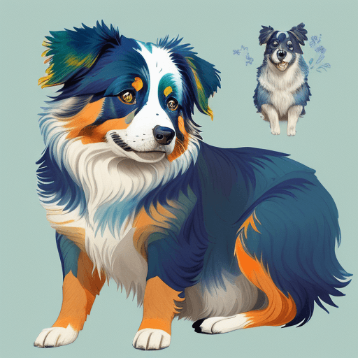 AI generated: australian shepherd painted in blue and green, in the style of whimsical watercolors, dark yellow an...