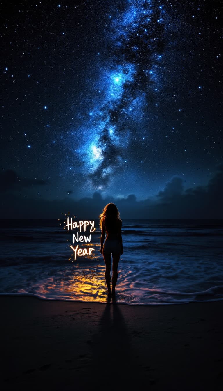 AI generated: The starry sky shines on the beach, with dark gray sand and shallow water in front of it. A beautifu...