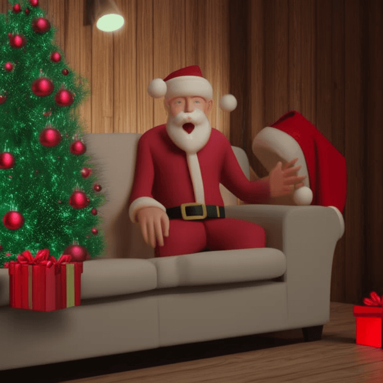 AI generated: santa laying on sofa sleeping warm cabin couch couch gift box christmas tree lights cartoon 3d style...