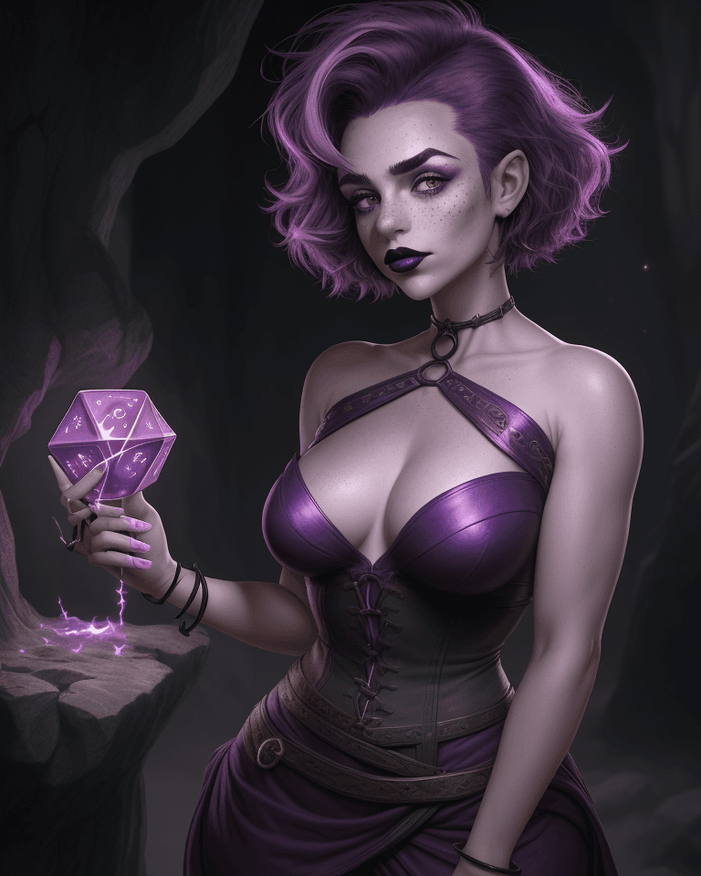 AI generated: D&D world, girl, she leaning against a monolith, lips puckered, eyes radiating light, looking over s...