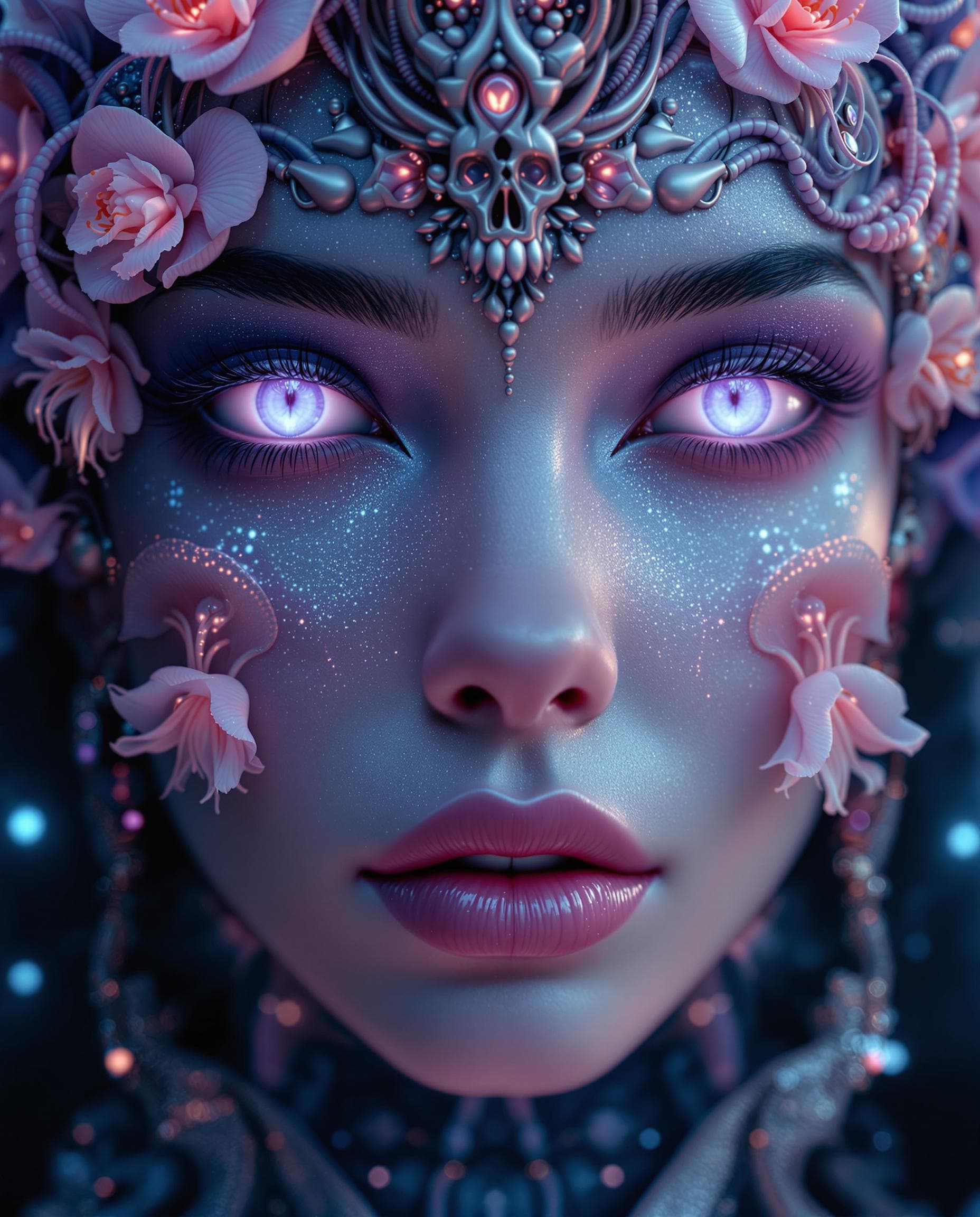 AI generated: Goddess close-up portrait ribcagel. jellyfish phoenix head, nautilus, orchid, skull, betta fish, bio...