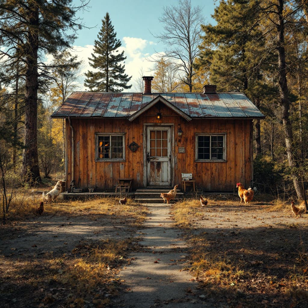 AI generated: Please create a cinematic photo of a rustic plywood house nestled in the woods, featuring a tin roof...