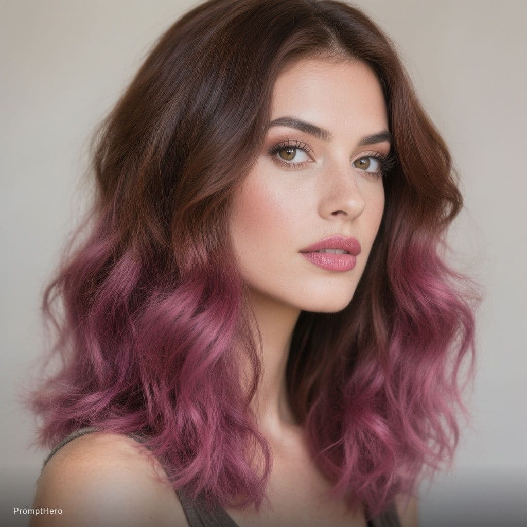 AI generated: rich deep chestnut brown to magenta raspberry to Lavender balayage women hair brown to bright 