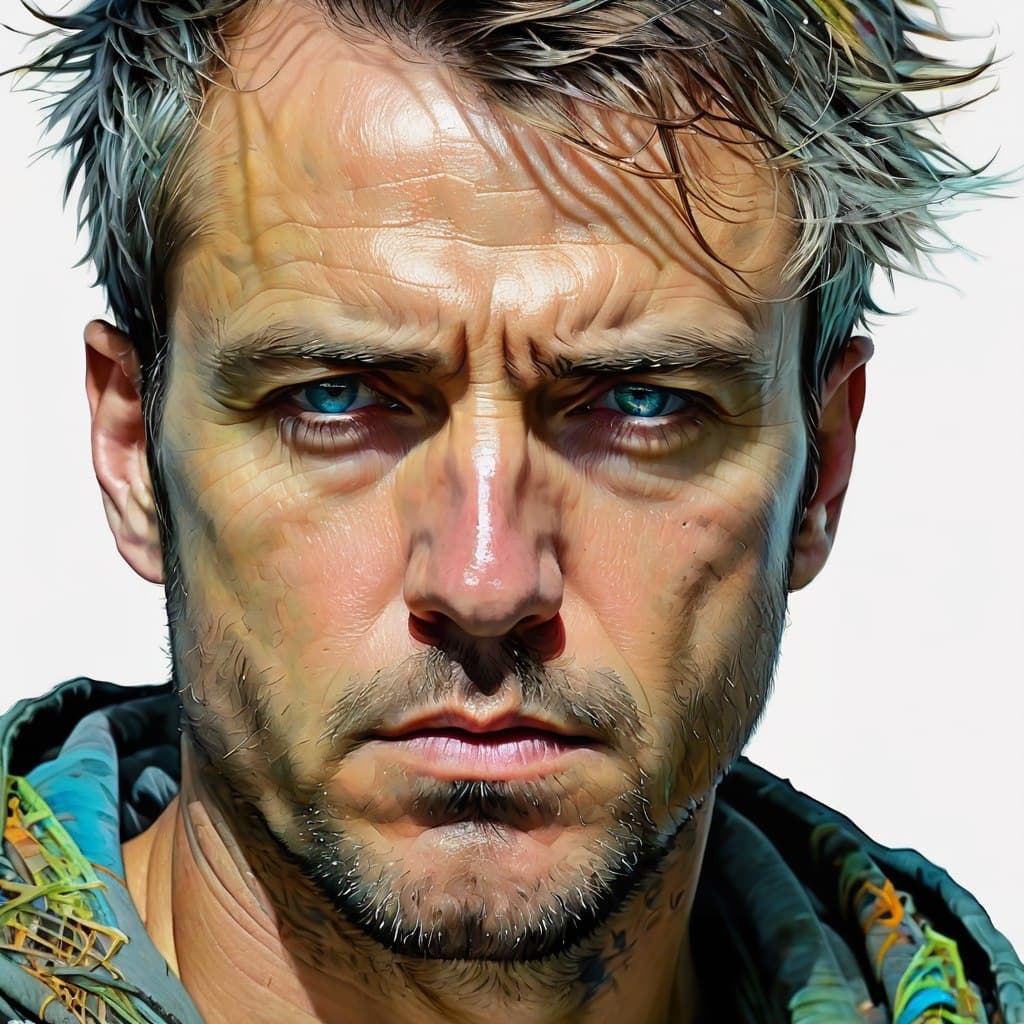 AI generated: close up shot, portrait, centered, cinematic shot, carne Griffiths, Conrad Roset, android middle-age...