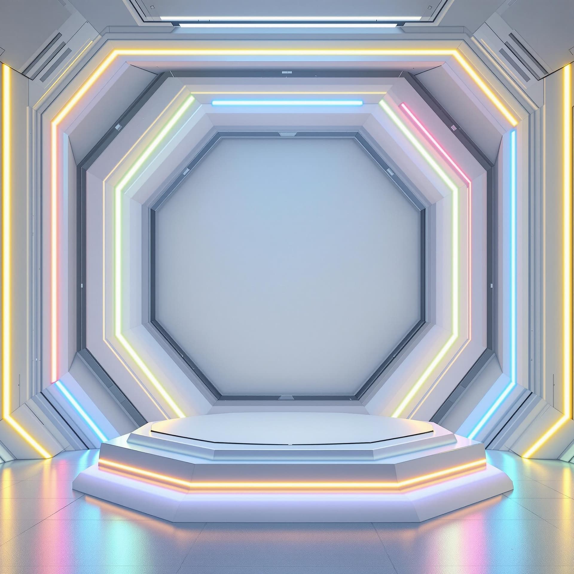 AI generated: Futuristic empty square hexagon shaped podium stage with neon lights of blues, yellows and pinks wit...