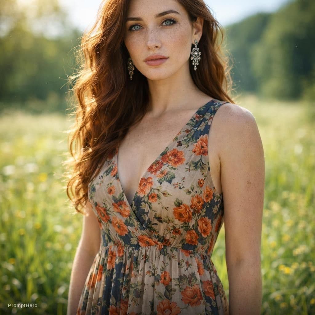 AI generated: A photorealistic, full-body portrait of an adult woman with long, wavy auburn hair, captured with a ...