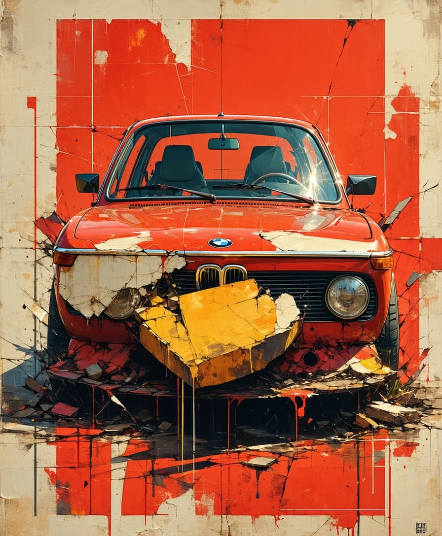 AI generated: Comic book illustration of a BMW, in the style of Alex Ross, lateral 3/4 position, gritty reportage,...