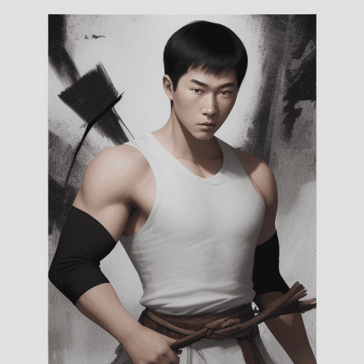 AI generated: A young man stands tall and strong like Jet Li and Jackie Chan mythology, a stick is horizontal rath...