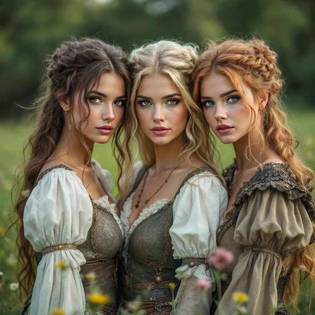 AI generated: photo of a group of three pretty gorgeous maiden on a meadow, they are posing together, facing the c...