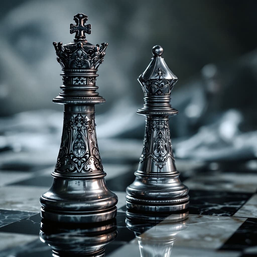AI generated: Chess Game King and Queen Pieces, on a Marble Chess Board, finely detailed armor, intricate design, ...