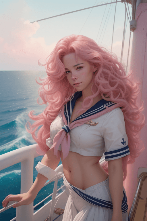 AI generated: A photo of a female sailor aboard a ship enjoying the seabreeze, medium wavy pink hair, sunny, Teres...