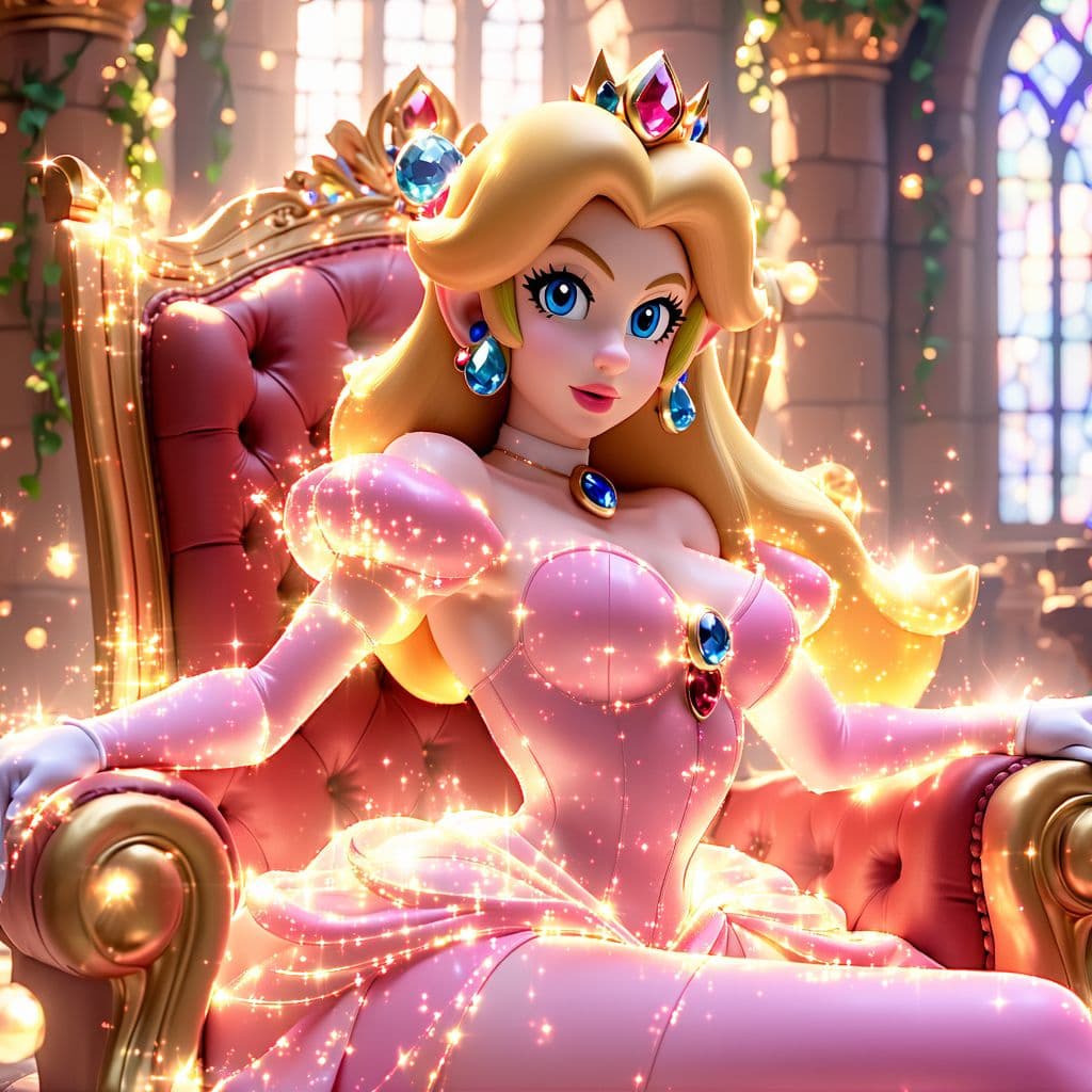 AI generated: An enchanting and magical CGI cartoon illustration of Princess Peach in a revealing, translucent, gl...