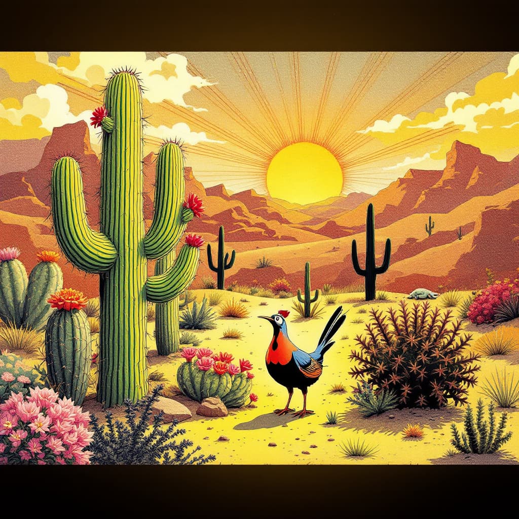 AI generated: A desert scene. There are cactus there is a lizard there is a road runner the prickly pear cactus ha...