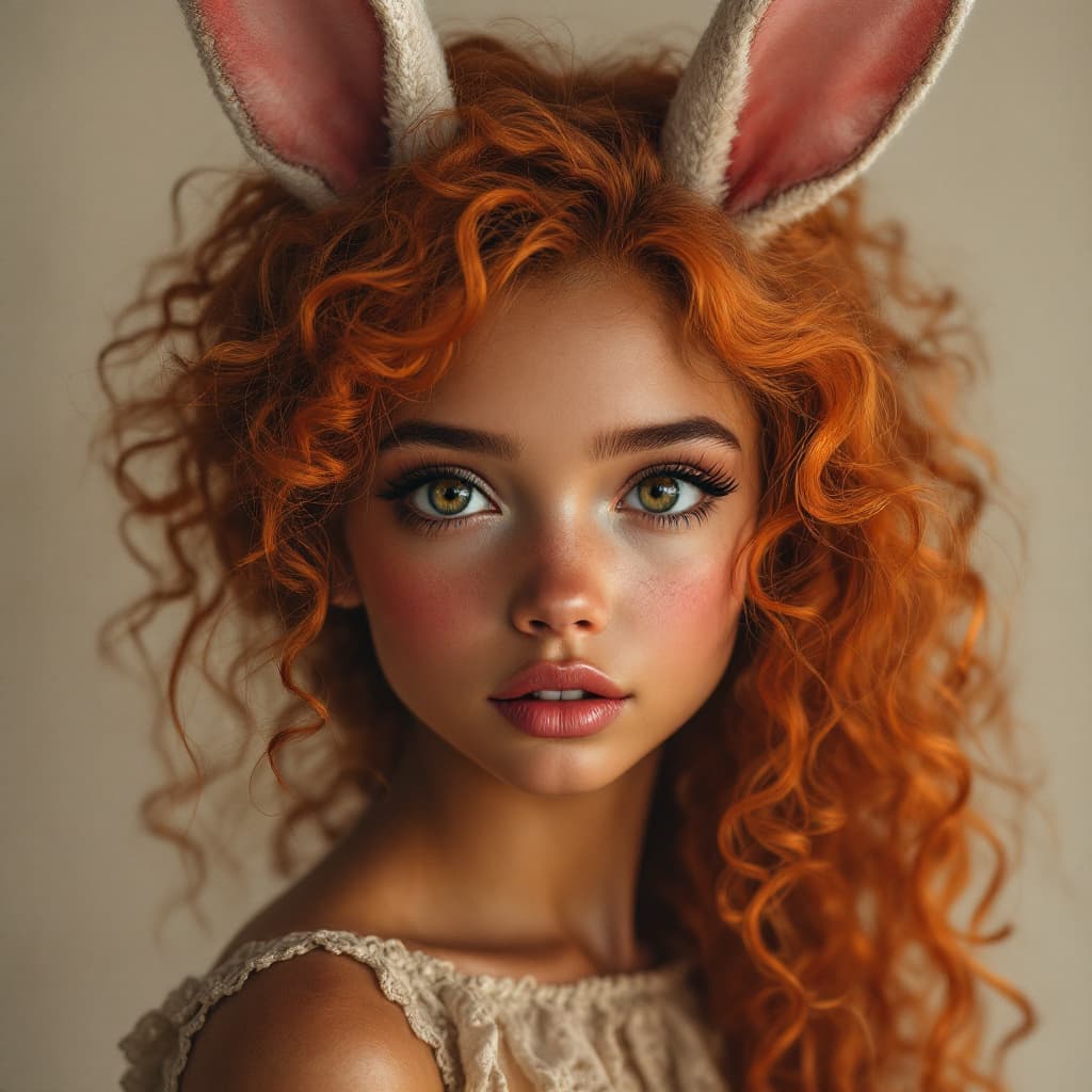 AI generated: Realistic photograph of a girl, with bunny ears, Brown skin, big eyes and curly orange hair, with in...