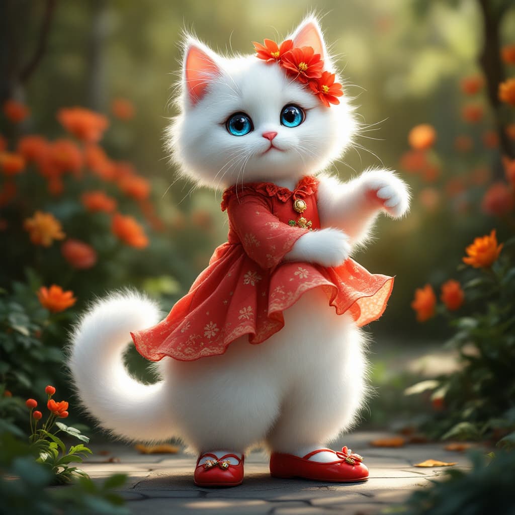 AI generated: A cat with white color  blue eyes  red flower on left ear red dress with red shoes. Stand on  two ba...