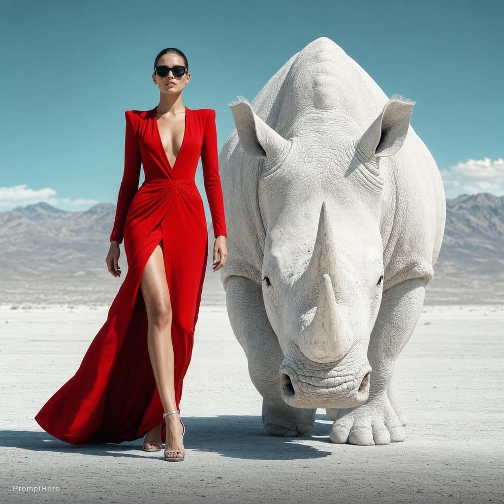 AI generated: {
  "scene": {
    "type": "editorial fashion surrealism",
    "location": "barren white desert w...