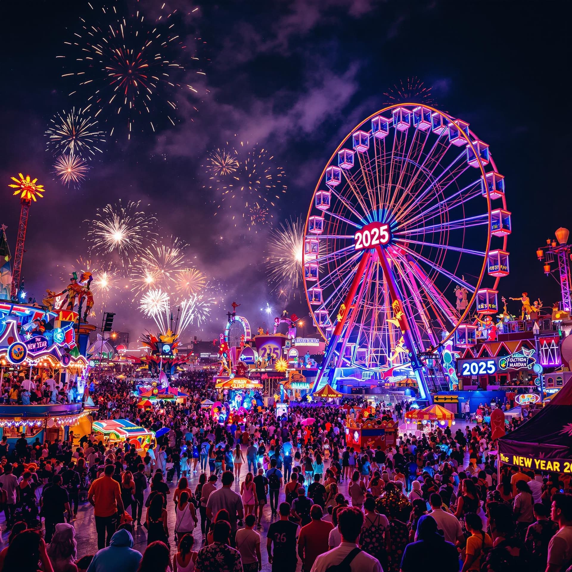 AI generated: A lively carnival celebrating New Year 2025, with glowing rides, colorful parades, and performers in...