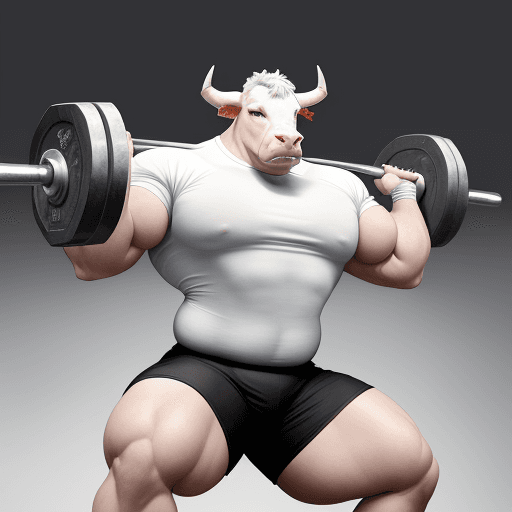 AI generated: White Nelore bull, anthropomorphic adult cattle, a Weightlifter, very strong, doing a lot of strengt...