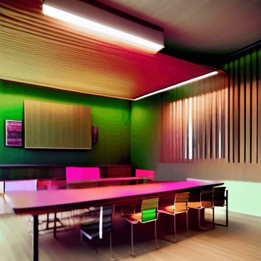 AI generated: photorealism, modern minimalist office meeting room interior featuring sleek wooden furniture set ag...