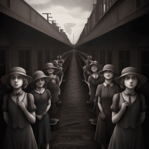 AI generated: "1920's orphan train. 8k,UHD,HDR,vingette, dark,fantasy,retro, high octane render tim burton,artgerm...