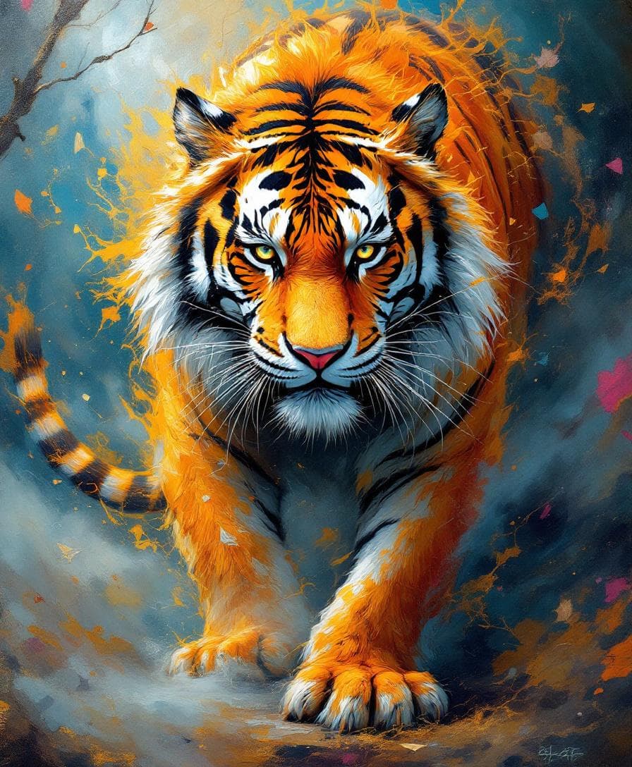 AI generated: A majestic and powerful surreal tiger, painted in dramatic impasto style with thick, textured brushs...