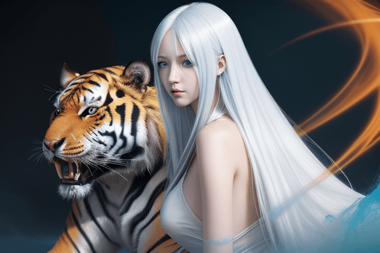 AI generated: Hangar, Anime Key Visual, Pixiv, Anime art, slender woman with extremely long white hair, a tiger co...